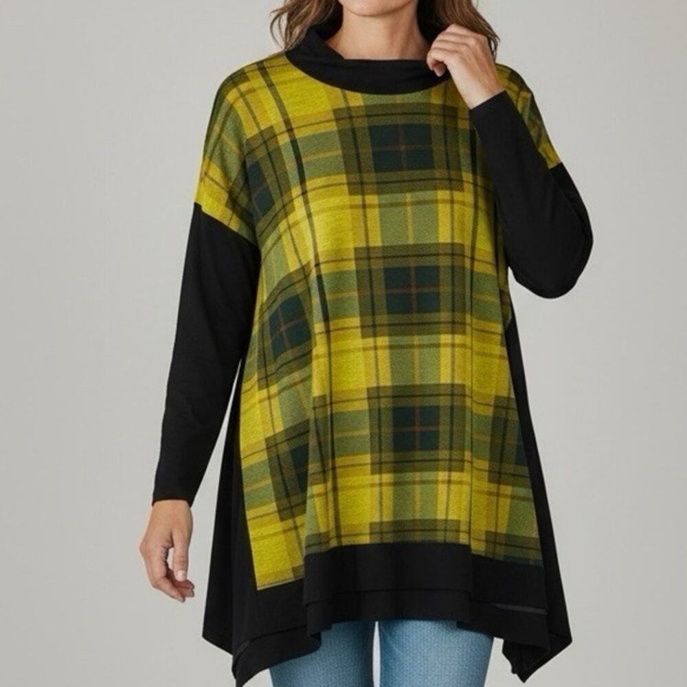 ALEMBIKA Plaid Dolman Sleeve Tunic Size XL Golden Black Flannel A-line Lagenlook